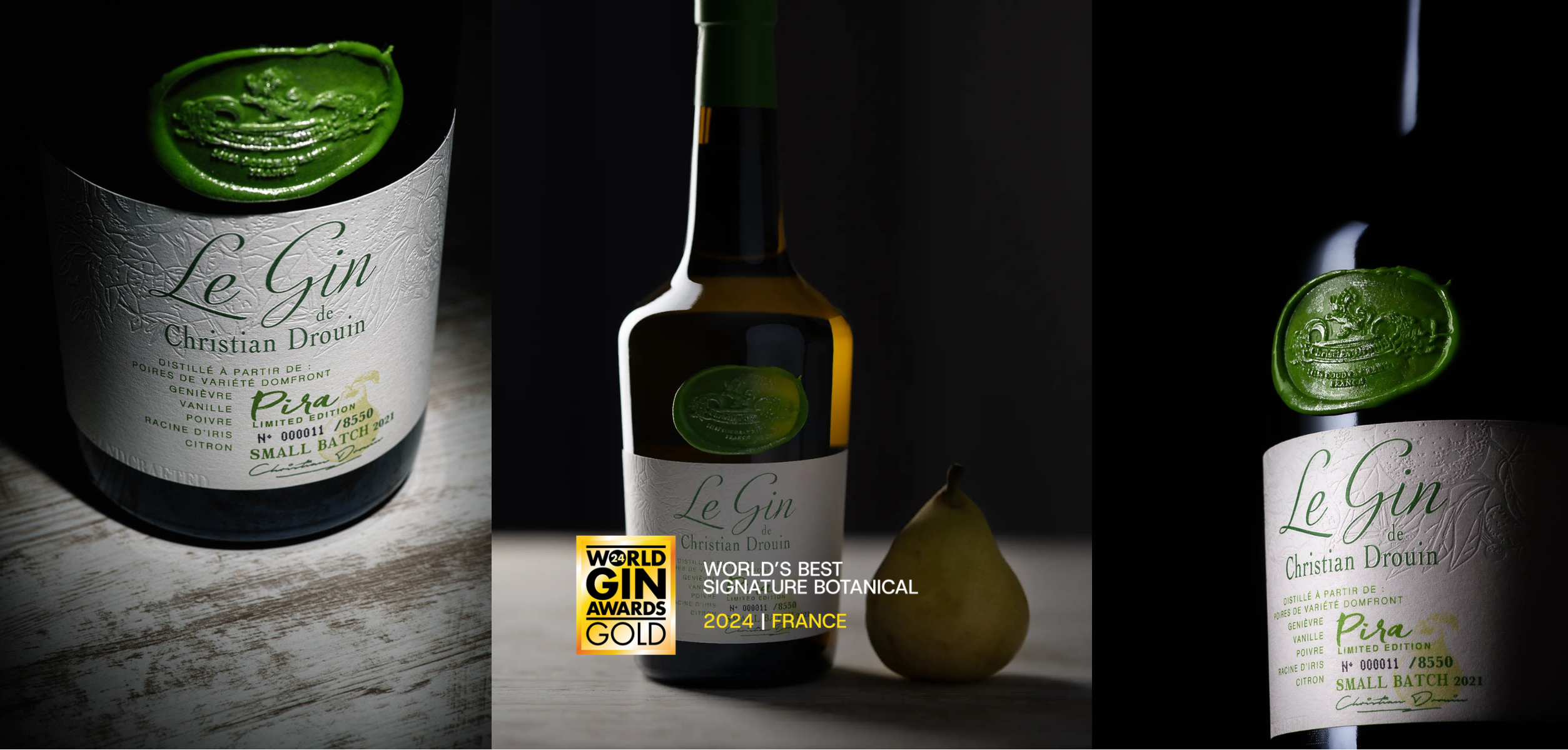 Three views of a Le Gin Christian Dumas Pise gin bottle with a green pear-shaped seal, shown on a dark background with a small green pear and a gold award badge.