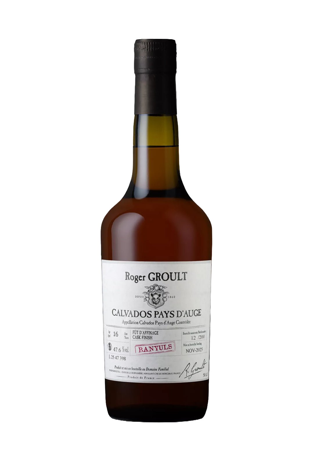 Roger Groult Calvados Banyuls Pays d'Auge 47.6% 500ml | Calvados : Pays d'Auge | Shop online at Spirits of France