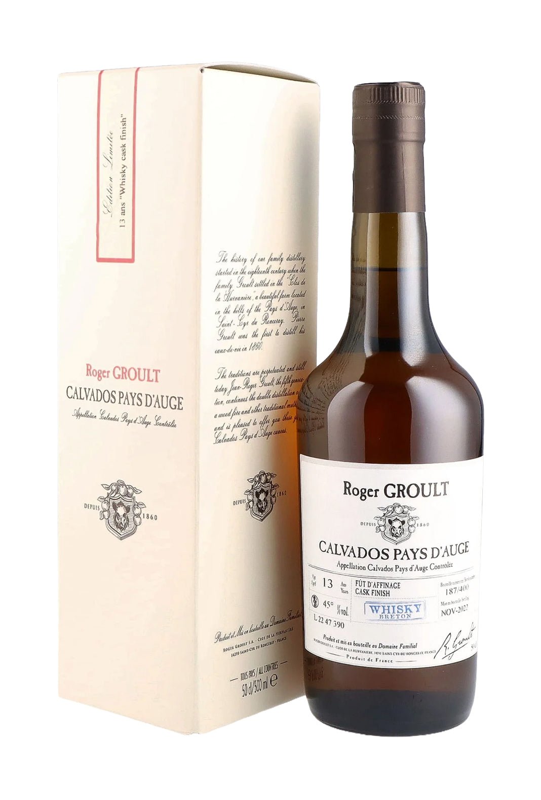 Roger Groult Whisky Cask Finish Calvados 45% 500ml | Calvados : Pays d'Auge | Shop online at Spirits of France